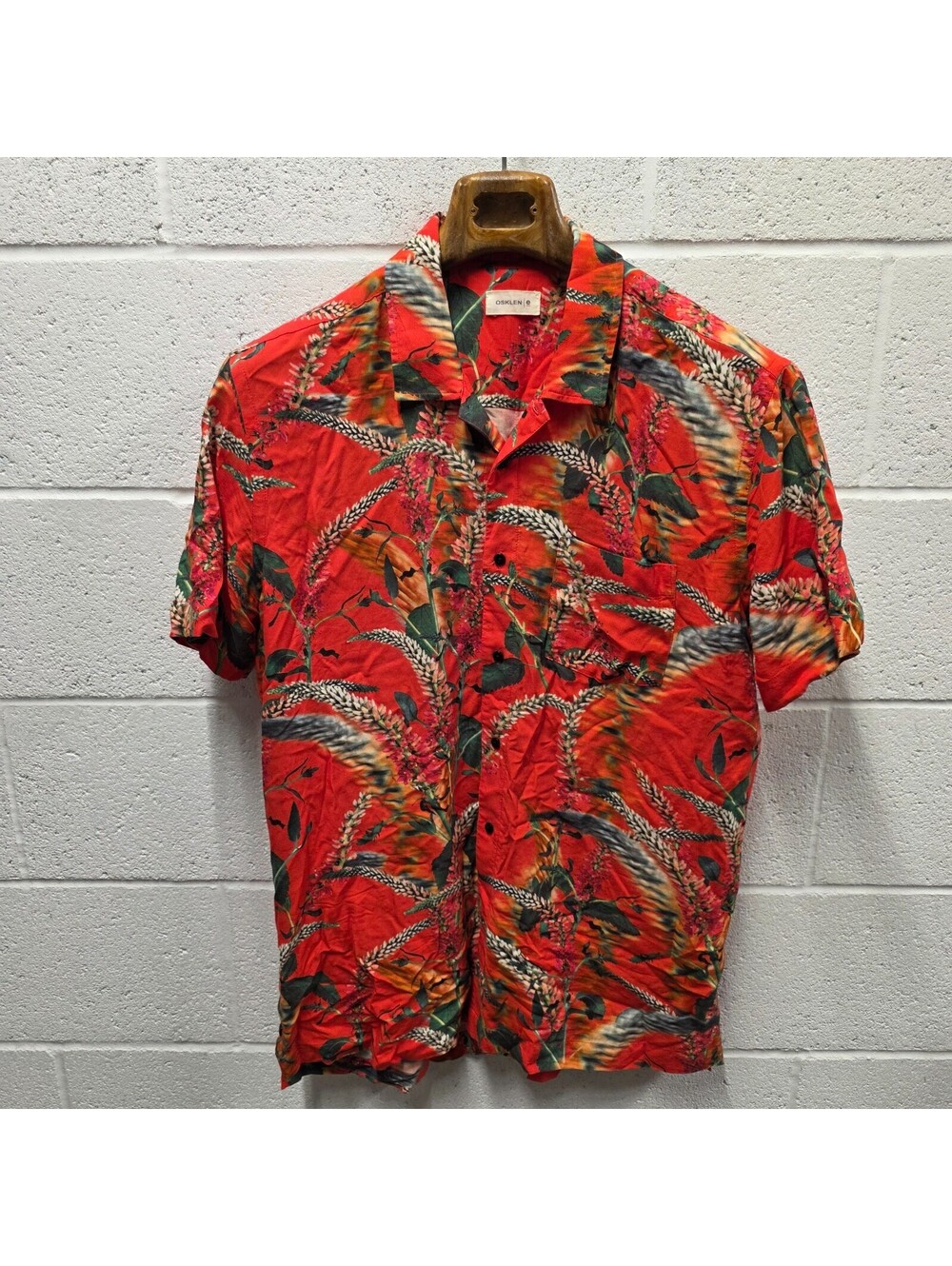 Osklen Mens Red Floral Hawaii Life Cotton Floral Embroidered Collar Shirt L 23.5